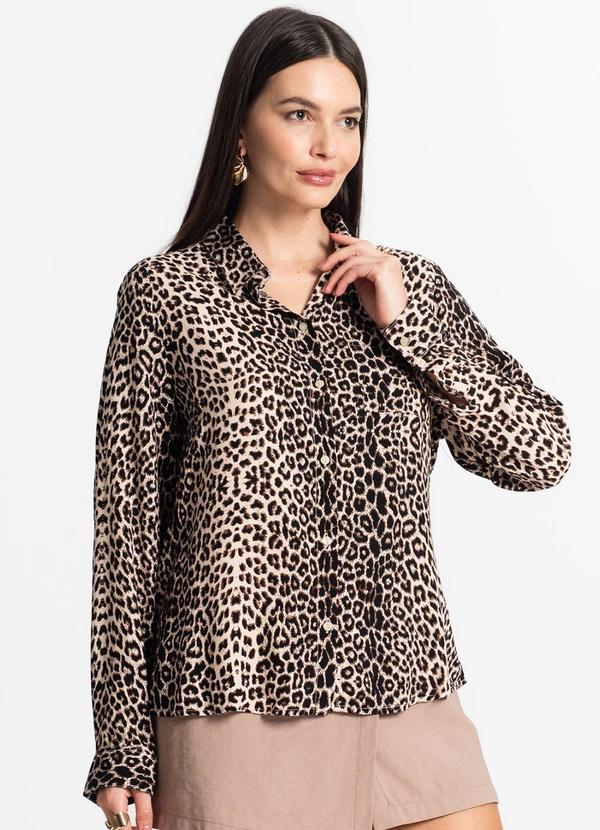 Select - Camisa Feminina Estampada Manga Longa Marrom