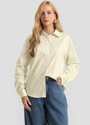 Dianna - Camisa Feminina Listrada Longa com Lurex Amarelo - DIANNA