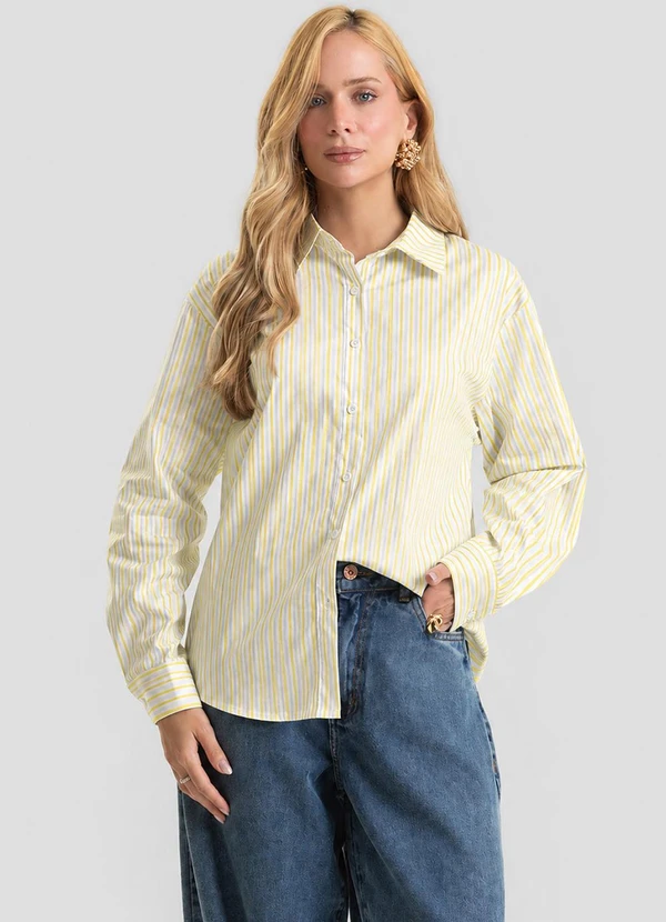 Dianna - Camisa Feminina Listrada Longa com Lurex Amarelo