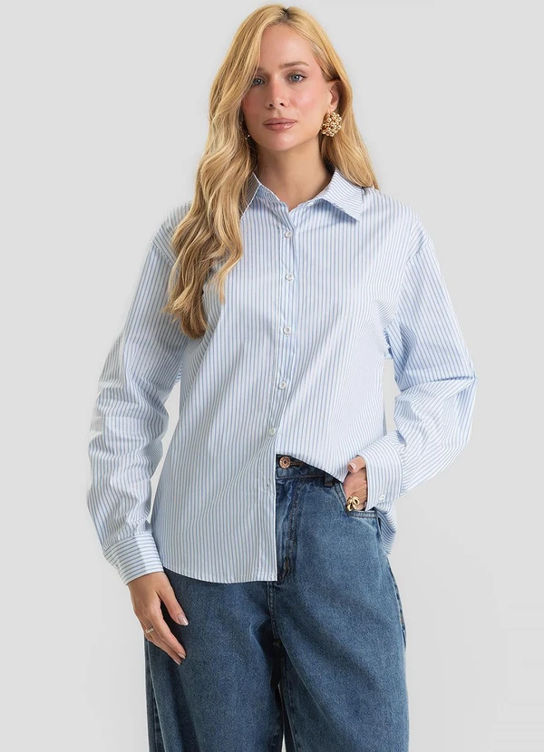 Dianna - Camisa Feminina Listrada Longa com Lurex Azul