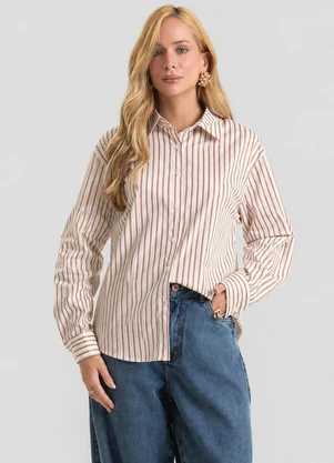 Dianna - Camisa Feminina Listrada Longa com Lurex Marrom - DIANNA