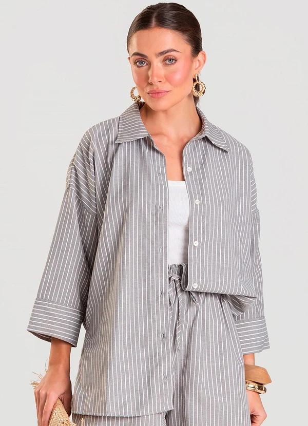 Dianna - Camisa Feminina Manga 7/8 Listrada Preto