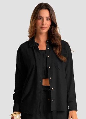 Dianna - Camisa Feminina Manga Longa em Linho Preto - DIANNA