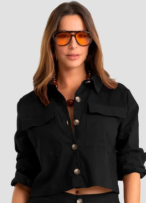 Dianna - Camisa Feminina Manga Longa em Sarja Preto - DIANNA