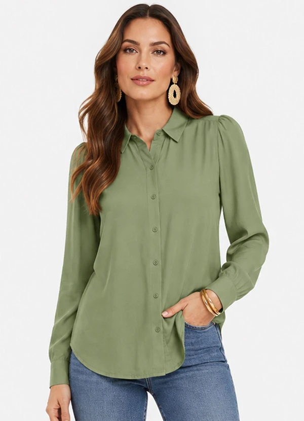 Rovitex - Camisa Feminina Manga Longa em Viscose Verde