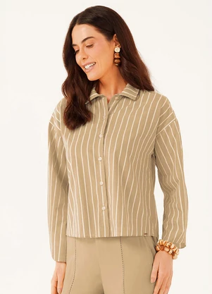 Marialícia - Camisa Feminina Tricoline Listrada Bege - MARIALÍCIA