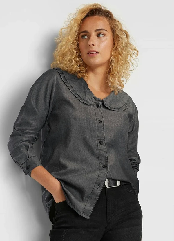 bonprix - Camisa Jeans com Gola Cinza