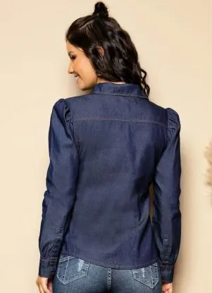 Quintess - Camisa Jeans Escuro com Mangas Bufantes - QUINTESS