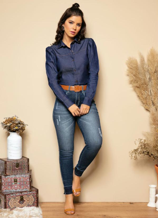 Quintess - Camisa Jeans Escuro com Mangas Bufantes 3