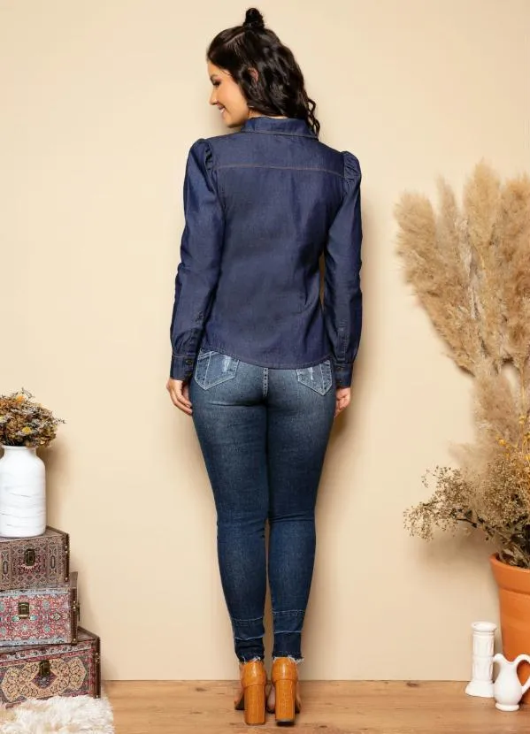 Quintess - Camisa Jeans Escuro com Mangas Bufantes 4