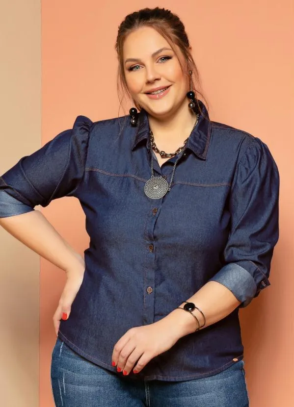 Quintess - Camisa Jeans Escuro com Mangas Bufantes 5