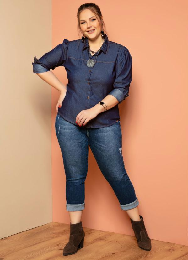 Quintess - Camisa Jeans Escuro com Mangas Bufantes 7