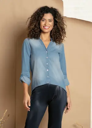 bonprix - Camisa Jeans Gola de Padre Azul Claro - BONPRIX