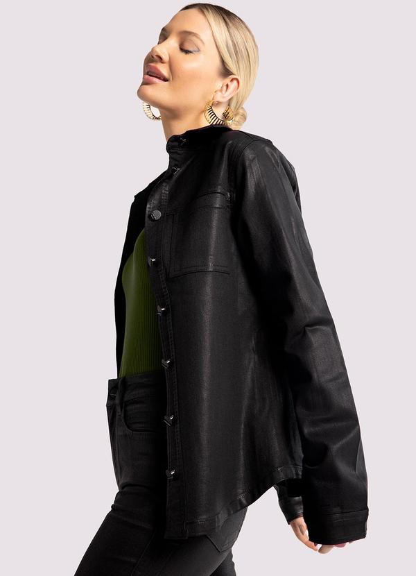 Lunender - Camisa Jeans Preta Gloss com Bolsos Preto