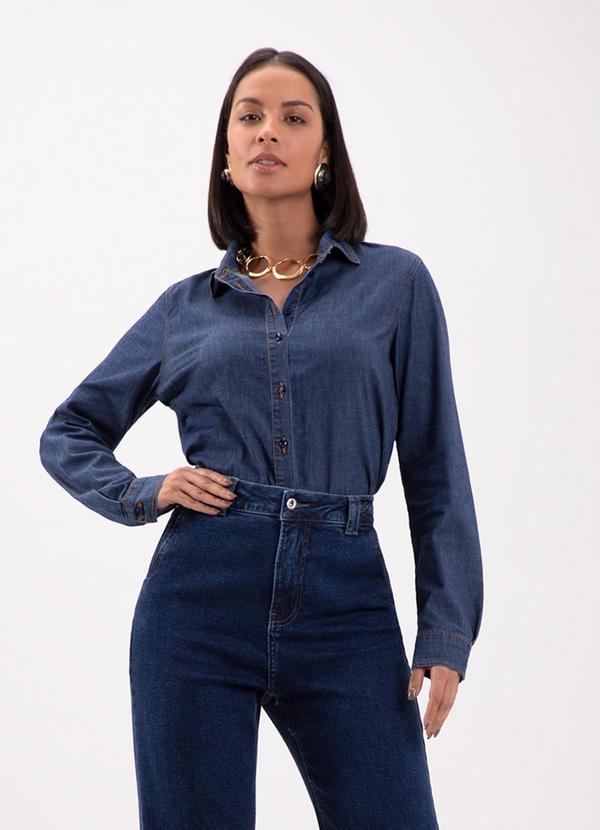 Lunender - Camisa Jeans Slim com Botões e Elastano Azul