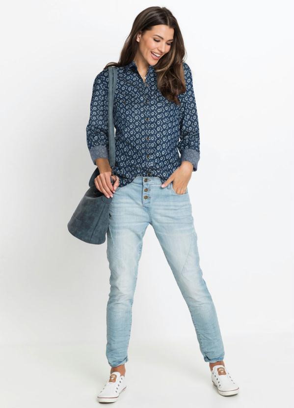 bonprix - Camisa Jeans Social Estampada Floral Azul Médio 3