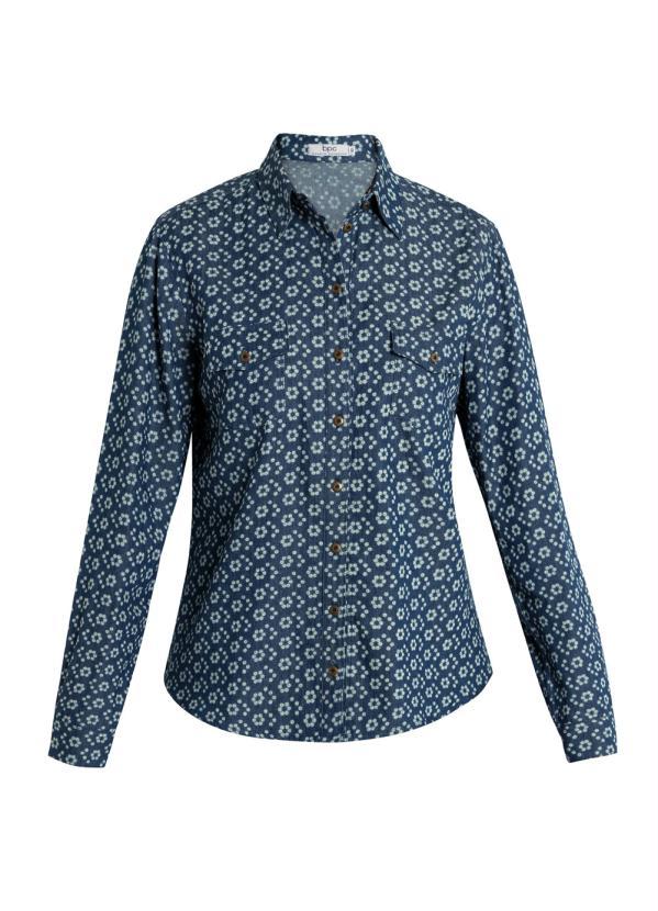 bonprix - Camisa Jeans Social Estampada Floral Azul Médio 4