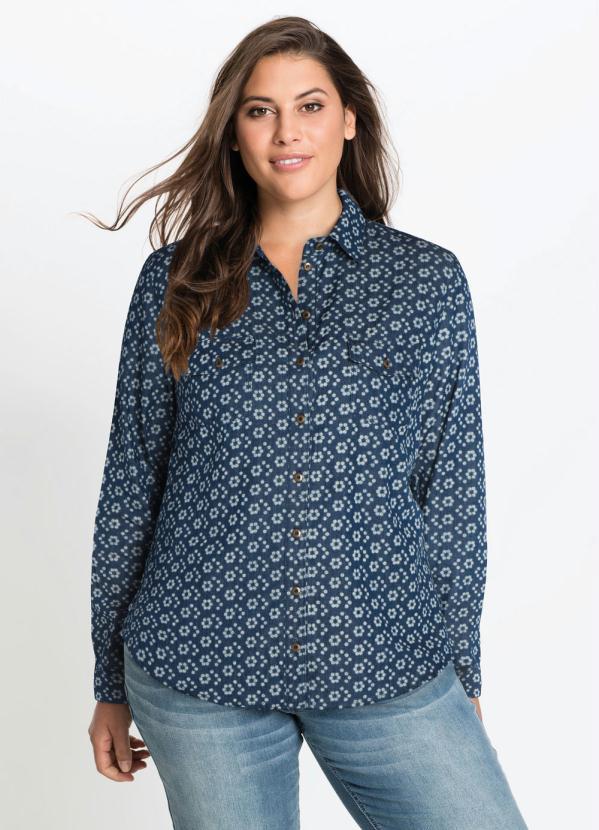 bonprix - Camisa Jeans Social Estampada Floral Azul Médio 5