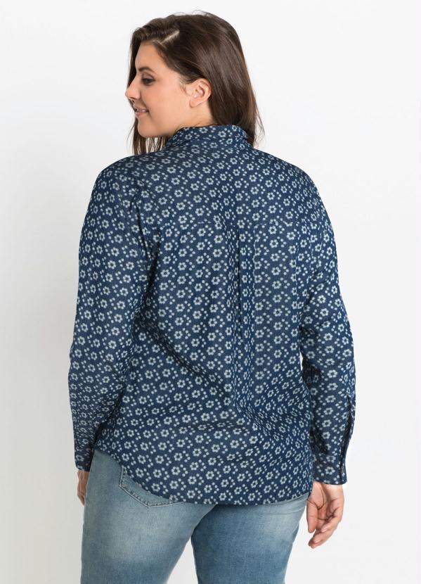 bonprix - Camisa Jeans Social Estampada Floral Azul Médio 6