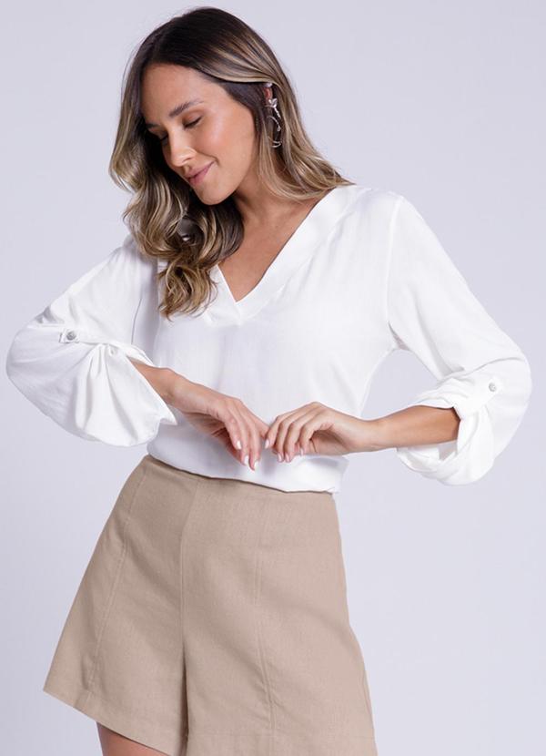 Lunender - Camisa Lisa Manga 3/4 Martingale Decote V Off White