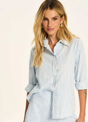 Doce Trama - Camisa Listrada com Manga Longa Azul - DOCE TRAMA