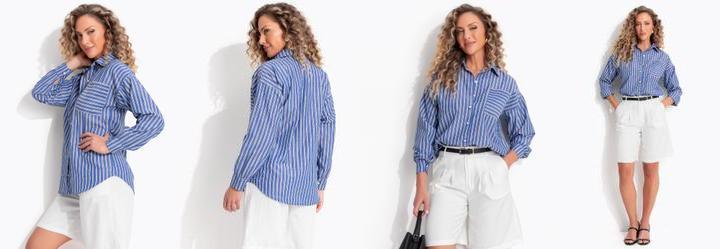 Camisa Listrado Azul em Poli�ster com Algod�o