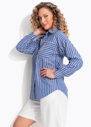Quintess - Camisa Listrado Azul em Poliéster com Algodão - QUINTESS
