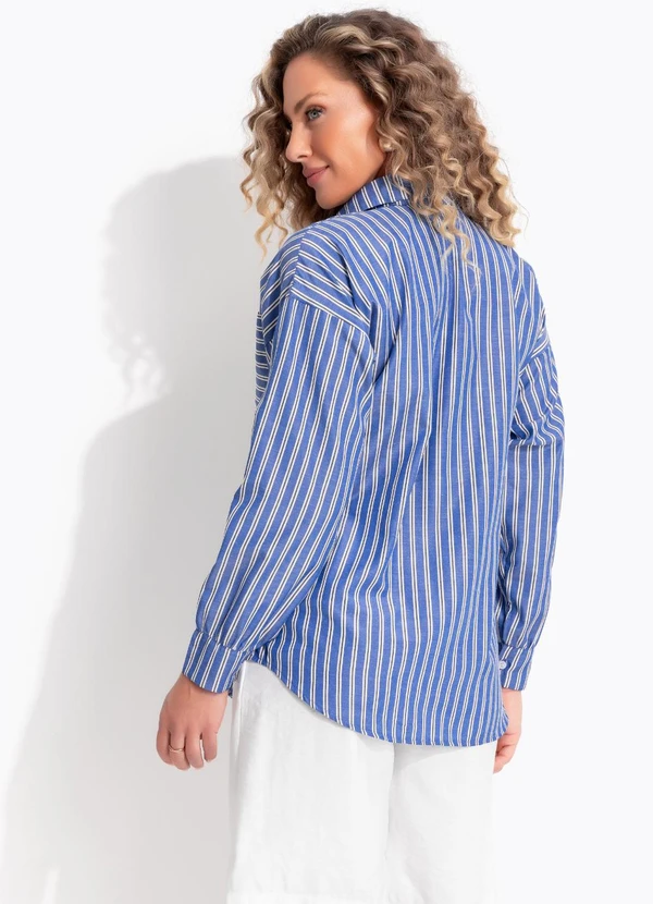Camisa listrado azul em poliester com algodao - QUINTESS
