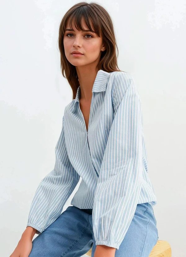 bonprix - Camisa Listrado Azul em Tricoline