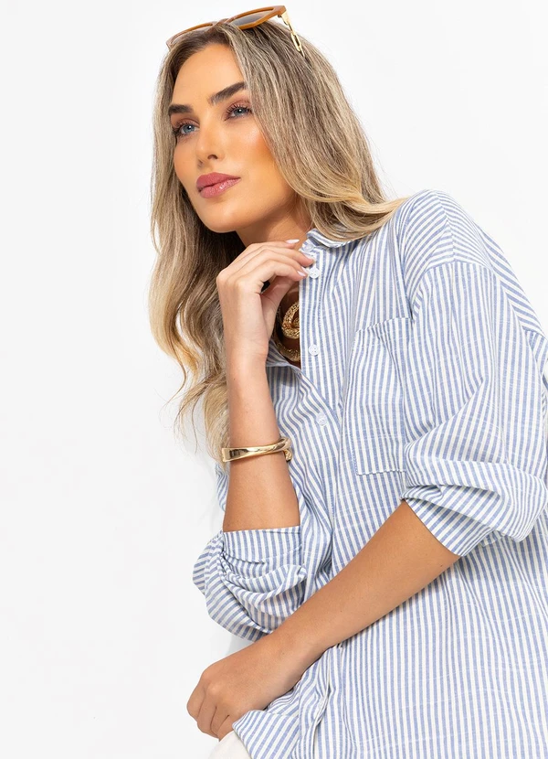 Quintess - Camisa Listrado Azul em Tricoline 5