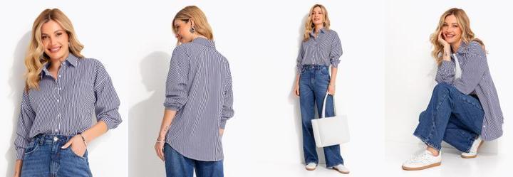 Camisa Listrado Azul Marinho em Tricoline