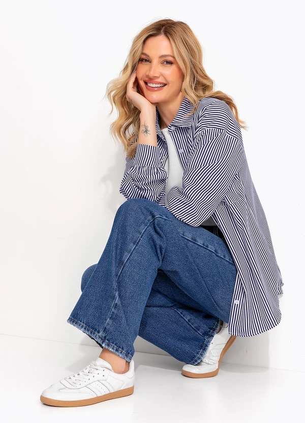 Quintess - Camisa Listrado Azul Marinho em Tricoline 5