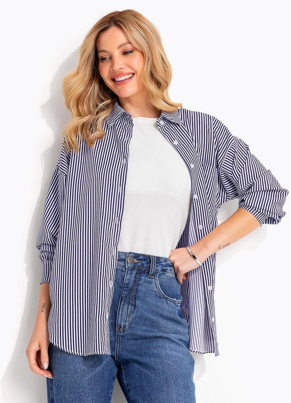 Quintess - Camisa Listrado Azul Marinho em Tricoline