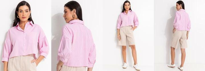Camisa Listrado Rosa em Tecido de Polister