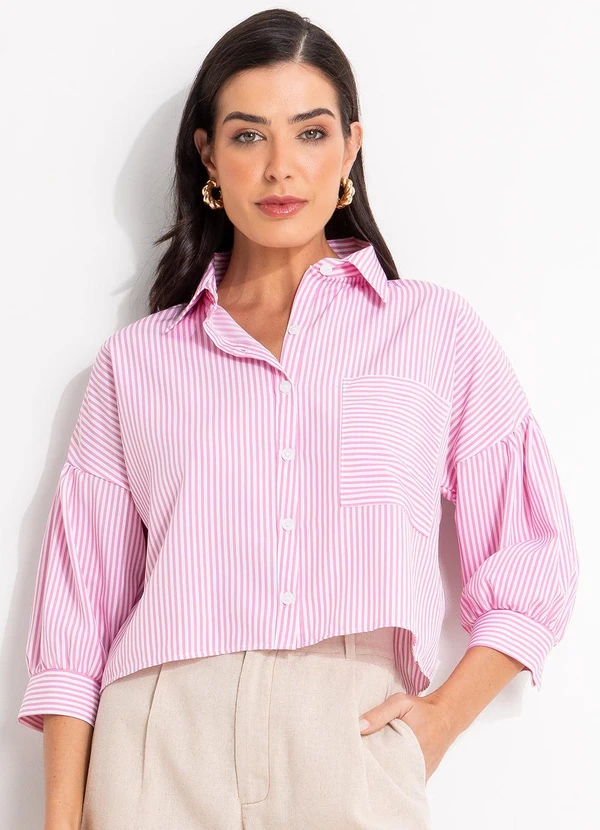 Quintess - Camisa  Listrado Rosa em Tecido de Poliéster