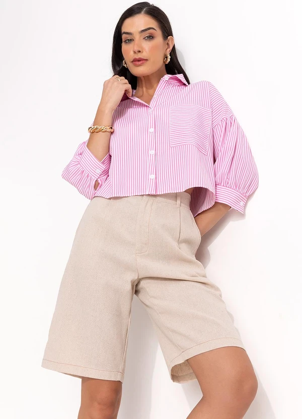 Quintess - Camisa  Listrado Rosa em Tecido de Poliéster