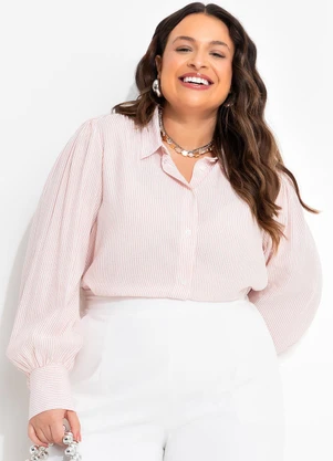 Quintess - Camisa Listrado Rosê em Viscose Plana - QUINTESS