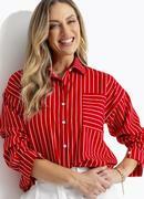Camisa Listrado Vermelho em Tecido Poliéster