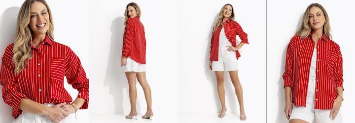 Camisa Listrado Vermelho em Tecido Polister