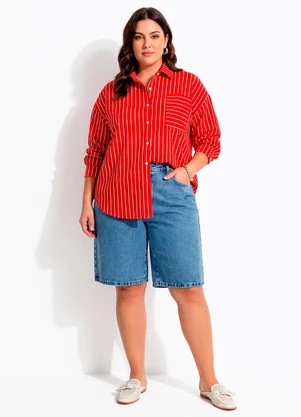 Quintess - Camisa Listrado Vermelho em Tecido Poliéster - QUINTESS