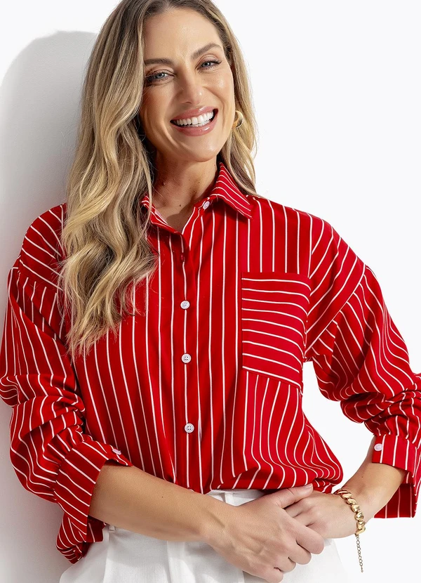 Quintess - Camisa Listrado Vermelho em Tecido Poliéster