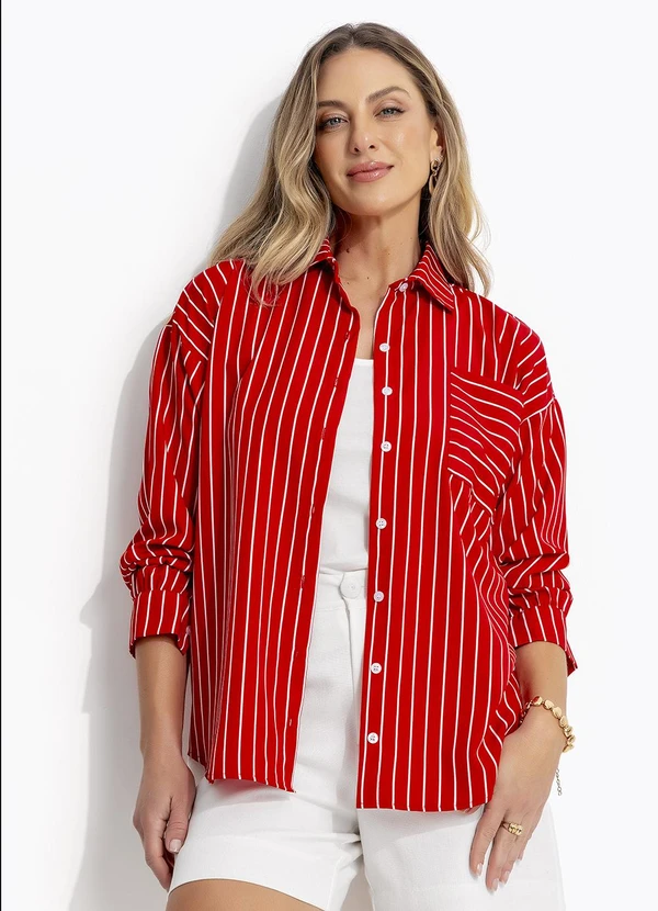 Quintess - Camisa Listrado Vermelho em Tecido Poliéster 5