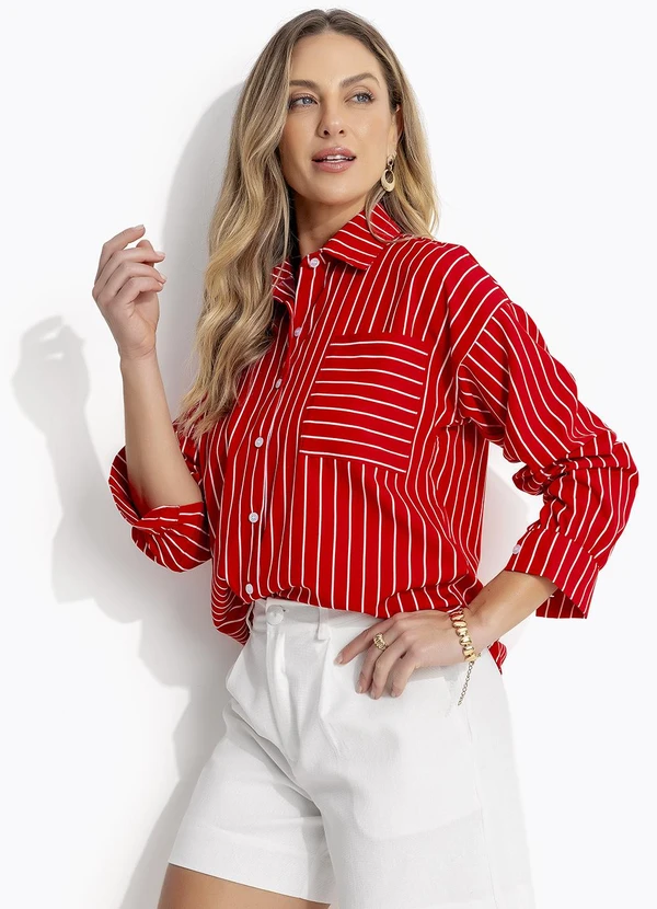 Quintess - Camisa Listrado Vermelho em Tecido Poliéster