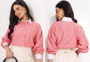 Camisa Longuete Listrada Vermelha com Gola e Punhos Contrastantes
