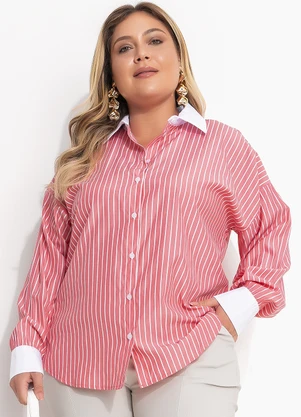 Quintess - Camisa Longuete Listrada Vermelha com Gola e Punhos Contrastantes - QUINTESS
