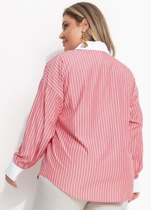 Quintess - Camisa Longuete Listrada Vermelha com Gola e Punhos Contrastantes - QUINTESS