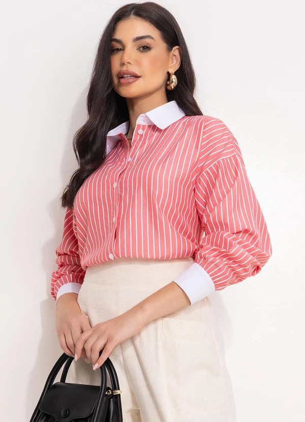 Quintess - Camisa Longuete Listrada Vermelha com Gola e Punhos Contrastantes 8