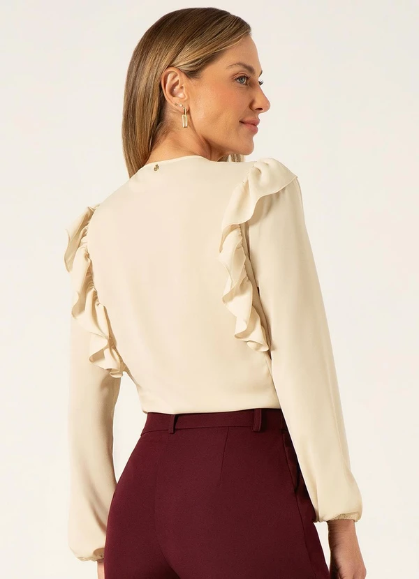 Principessa - Camisa Manga Longa em Crepe com Babado Aveia Kassandra 2