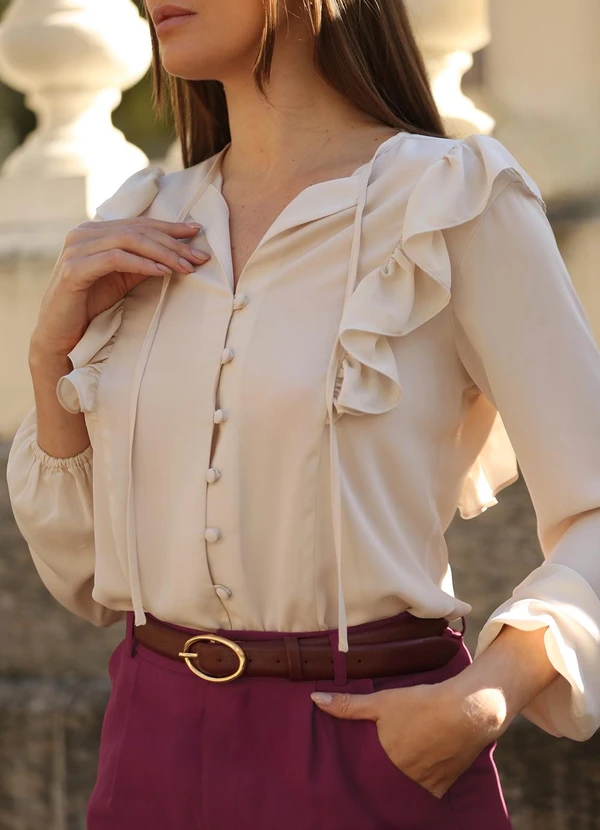 Principessa - Camisa Manga Longa em Crepe com Babado Aveia Kassandra 7