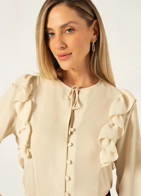 Principessa - Camisa Manga Longa em Crepe com Babado Aveia Kassandra 8